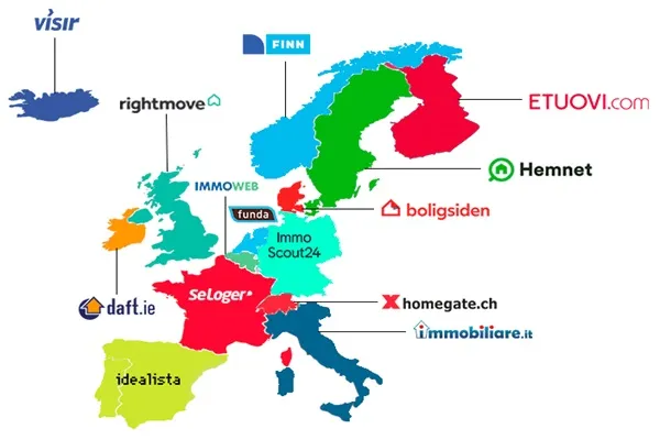 Países europeos con el logo de un sitio inmobiliario líder
